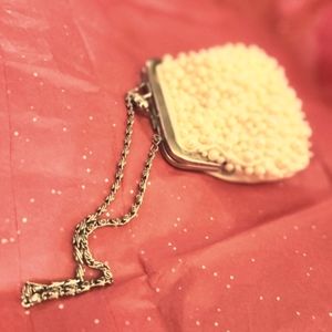 Vintage cream bridal, prom or wedding wristlet purse with pearl accents